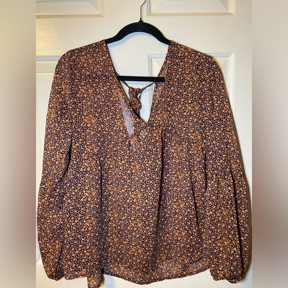 Tops - Bohemian Tie Split‎ Keyhole Neck Long Sleeve Pullover Blouse, L